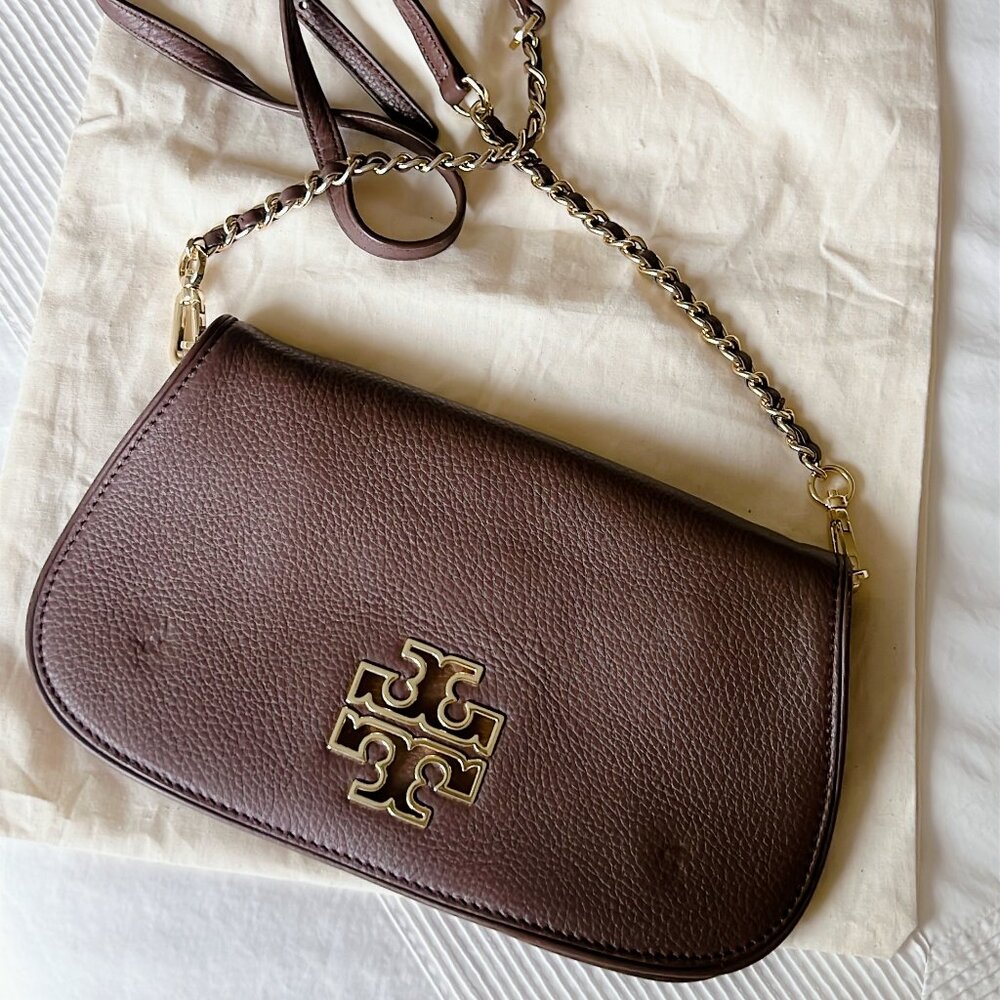 Tory Burch Dark Brown Pebbled Leather Crossbody with Gold Logo Chain